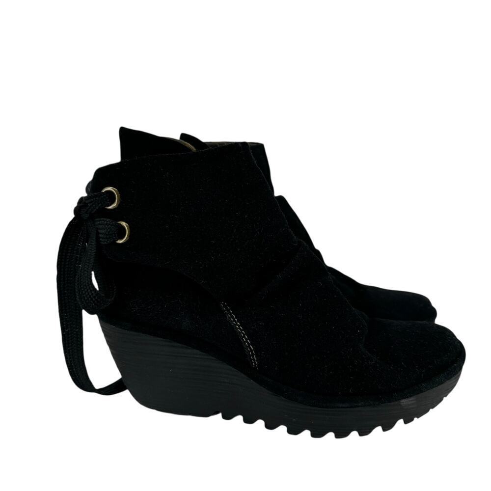 Fly London Yama Black Suede Platform Wedge Ankle Boots Women's Size 39 US 8